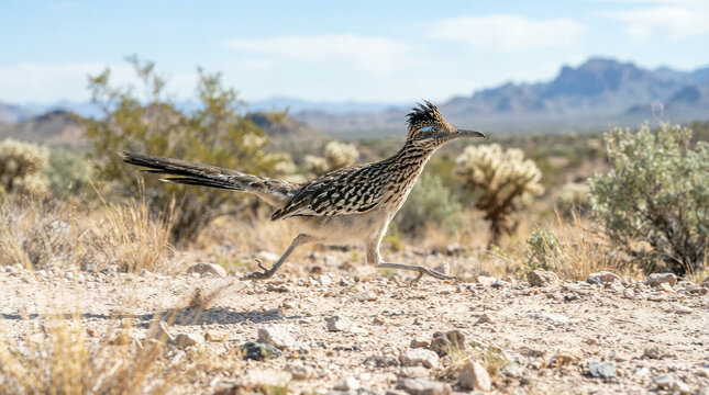 Roadrunner running across gravel in an arid desert below blue mountains