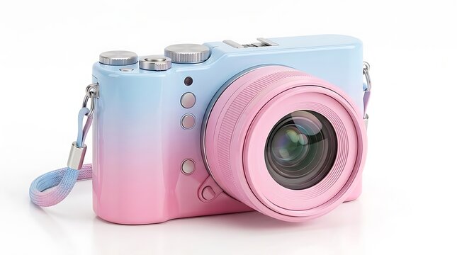 A stylish pastel colored digital mirrorless camera with a pink lens isolated on a clean white studio background surface