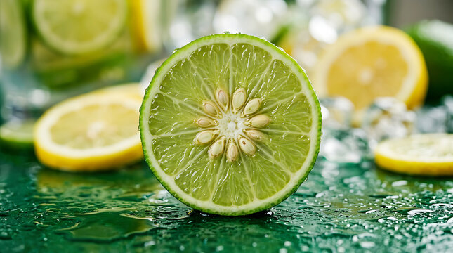 Freshly cut lime and lemon slices on green reflective surface with water droplets