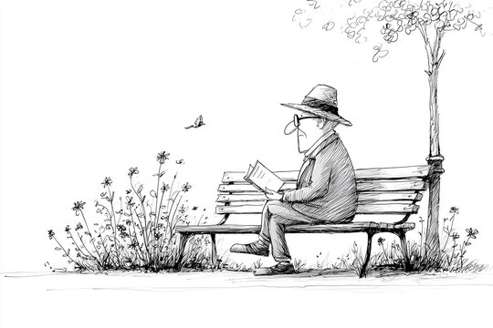 Elderly man reading a book on a park bench under a tree, surrounded by flowers in a minimalist black and white sketch.