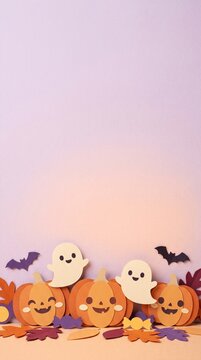 Cute Halloween Paper Cut Vertical Background Bottom Border with Smiling Pumpkins and Ghosts