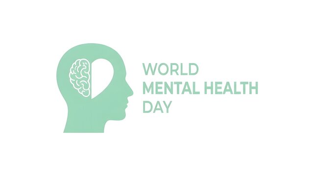 A minimalist graphic design featuring a human head silhouette with a heart shape inside to represent awareness and support for the world mental health day