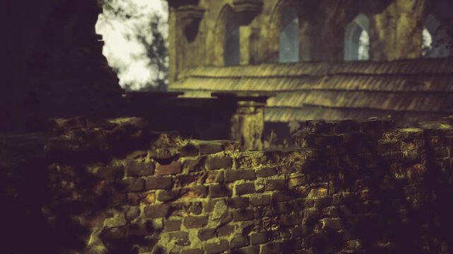 Weathered brick wall foreground with blurred manor behind, tight shallow focus capturing grain and stain, warm vintage toning, archaeologist or conservator