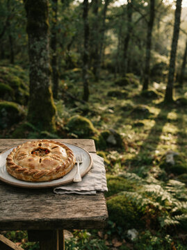 Round pie with a braided crust on a ceramic plate in a sunlit mossy forest