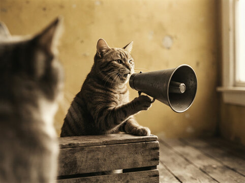 Tabby cat on a crate speaking into a silver megaphone in a yellow room