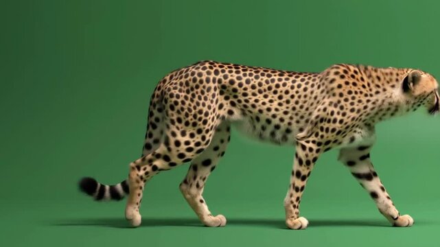 A cheetah walking against a green screen background.