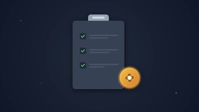 Animated checklist showing task completion progress with a digital reward token on dark background