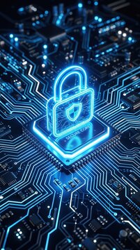 Digital security concept with a glowing shield icon on a computer processor chip.