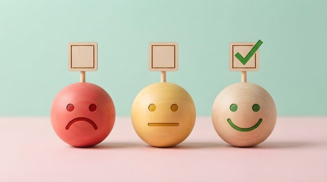 Three wooden spheres with different emotions representing a survey for world mental health day to measure psychological well being and emotional stability in the workplace