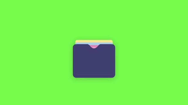 Animated purple office folder icon with colorful document files on green screen background