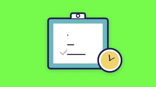 Animated clipboard with checklist and clock on green screen for productivity and time management