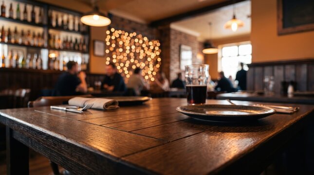 Dark wooden restaurant table surface with a glass of dark beer and a plate in a blurred pub interior with warm glowing fairy lights and silhouettes of people sitting at tables in the background