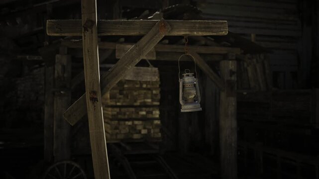 Lantern glowing beneath dark timber rafters and stacked bricks, dim low key illumination reveals rough textures, cobwebbed corners and deep silhouettes,