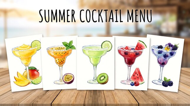 Summer cocktail menu with five colorful fruit drinks illustrations on a wooden table in a sunny restaurant setting