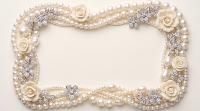 Decorative frame made of white pearl strands interspersed with crystal flower brooches and carved cream colored rose ornaments arranged on a plain off white background with a central empty space