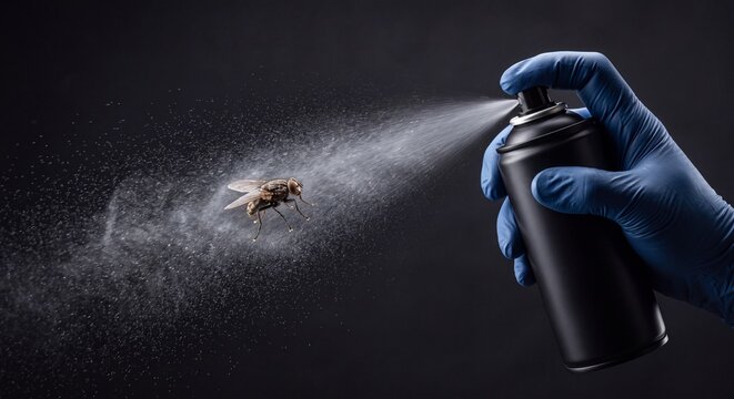 Gloved hand spraying insecticide from an aerosol can toward a flying insect against a dark background.

