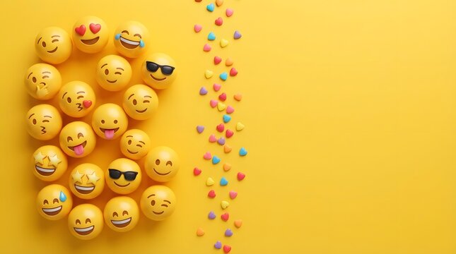 A collection of various yellow emoji faces arranged on a bright yellow background to represent emotions and feelings for the annual world mental health day