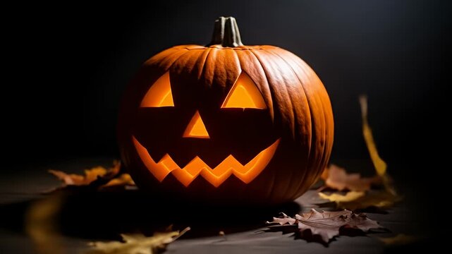 A carved pumpkin glows amidst fallen autumn leaves in the darkness of Halloween
