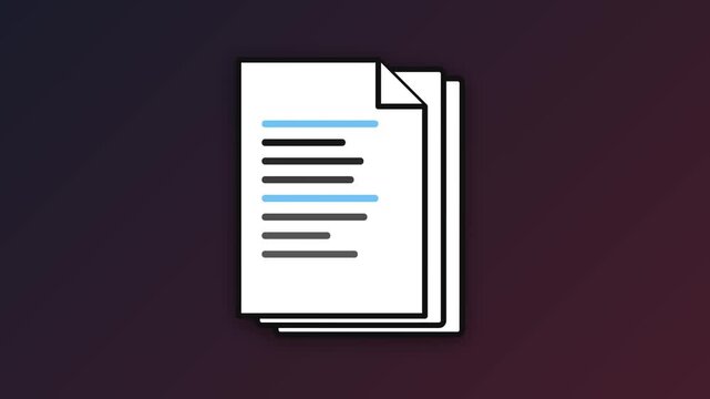 Animated minimalist document icon with paper sheets and blue highlights on dark background