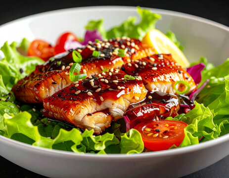 Garden salad with smoked eel and unagi sauce, closeup, Japanese cuisine. AI