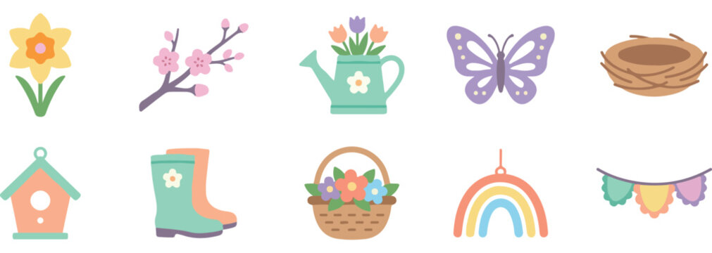  Spring Clipart Set with Flowers Butterfly Rainbow and Garden Icons