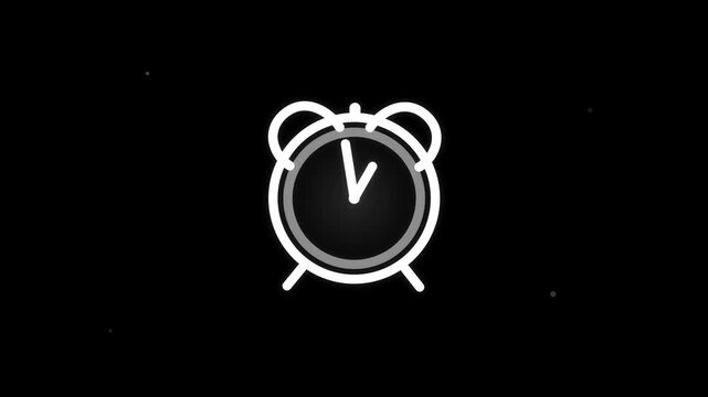 Minimalist white doodle alarm clock animation with moving hands isolated on black background