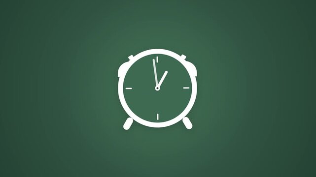 Minimalist white alarm clock animation with spinning hands on green background for time concept