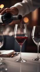 Fototapeta premium Red wine being poured into an elegant glass on a wooden table in a cozy winery setting. 
