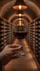 Fototapeta premium Hand holding a glass of red wine inside an atmospheric underground wine cellar lined with aging barrels. 
