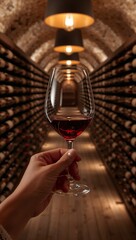 Fototapeta premium Hand holding a glass of red wine inside an atmospheric underground wine cellar lined with aging barrels. 