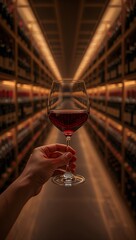 Fototapeta premium Hand holding a glass of red wine inside an atmospheric underground wine cellar lined with aging barrels. 
