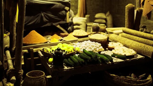 Closeup vegetable spread on wooden stall, crisp cucumbers and vibrant greens, bowls of spices and grains nearby, natural textures and warm glow, scene suggests