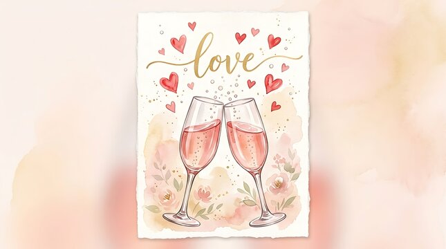 Two champagne glasses clinking together with pink hearts and the word love for a romantic valentine day greeting card