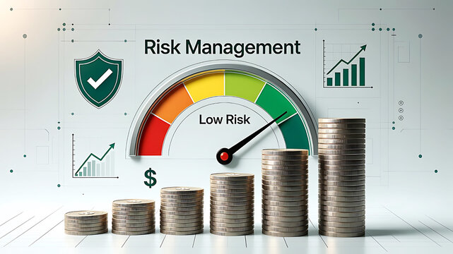 Risk management speedometer with coins and graphs