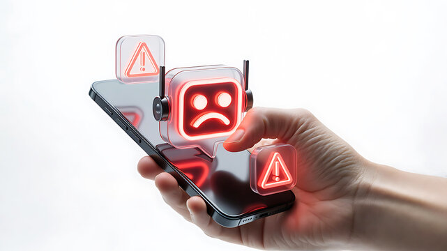 Smartphone displaying error messages with sad chatbot icon