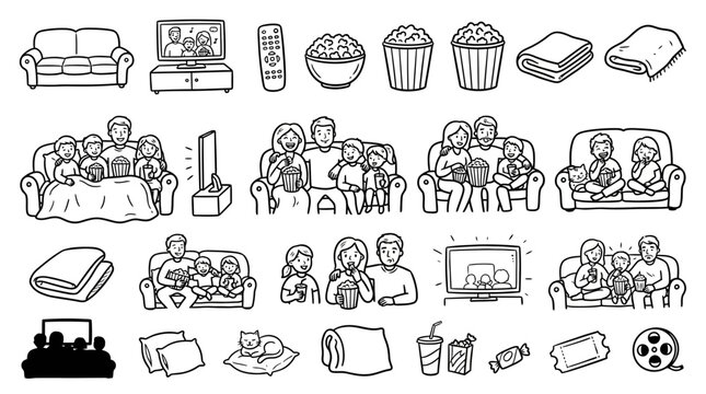 Cinema night icons, home movie experience doodles. Family watching TV on sofa, popcorn snacks. Vector set for social media, web design, and illustration.