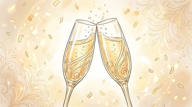 Two crystal champagne glasses clinking together for a celebration with golden bubbles and festive watercolor background