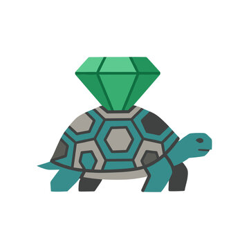 Turtle with Green Gemstone on Shell - Vector Illustration