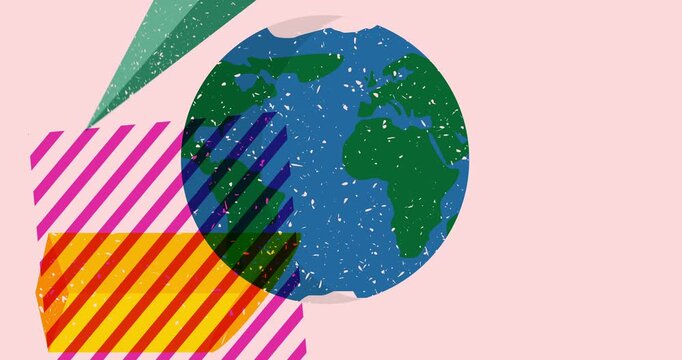 Risograph Planet Earth with geometric shapes animation. Moving object in trendy riso graph design video.