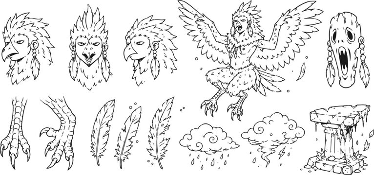Hand drawn mythical bird heads, talons, feathers, storm clouds, and ancient broken ruins line art set