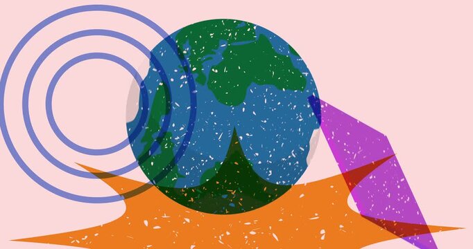 Risograph Planet Earth with geometric shapes animation. Moving object in trendy riso graph design video.