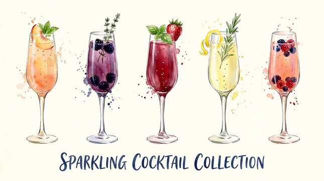 Set of five different colorful sparkling cocktails with fresh berries and herbs in tall elegant champagne style glasses