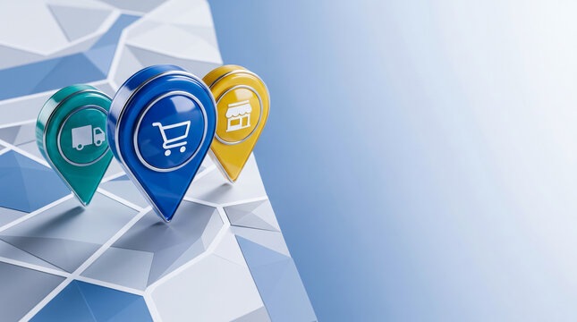 Colorful 3D e-commerce map pins with shopping and delivery icons for regional GPS tracking.