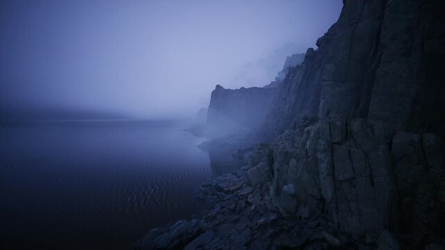 Misty basalt cliff overlooking silent sea, steep vertical faces fade into coastal fog, rough columnar textures and sheer drop create dramatic silhouette,