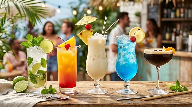 Five colorful tropical cocktails with fruit garnish on a wooden bar counter at a lively outdoor summer party venue