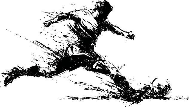 Dynamic ink sketch of a soccer player kicking a ball in motion and energy