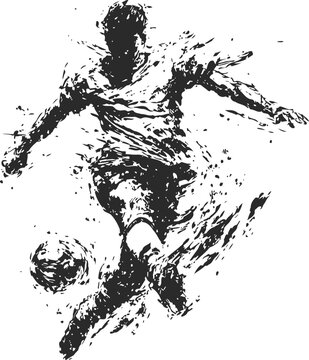 Dynamic soccer player kicking ball, abstract black ink splash sports illustration