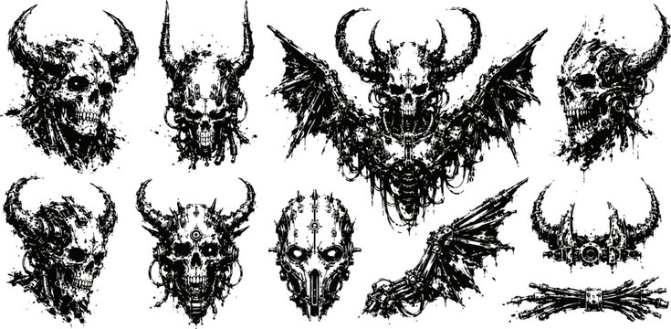 demonic skulls with horns and wings dark horror illustrations of evil creatures, fantasy death symbols