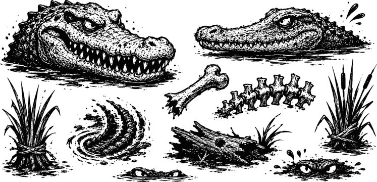 wild crocodile head and body parts illustration with tropical plants, bones, and water ripples