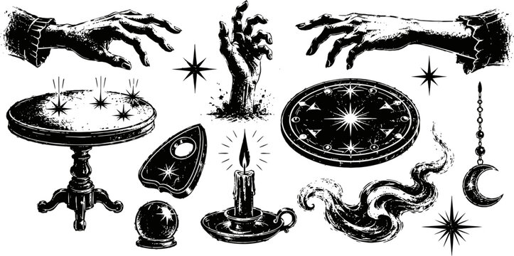 mystical occult hands, candle, planchette, crystal ball, and spiritual symbols black vintage illustration